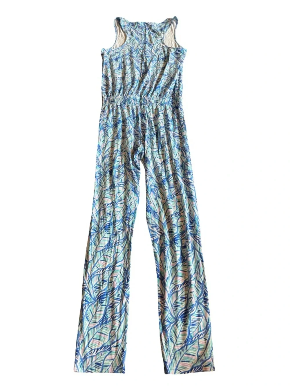 Lilly Pulitzer Paulina Jumpsuit Blue Lets Mango Leaf Stretch Tank Top Size XS